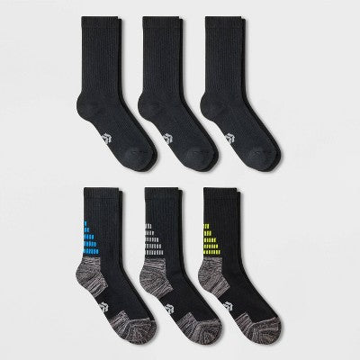 Boys' 6pk Crew Socks - All In Motion Black M: Arch Support, Cushioned Heel, Smooth Seams