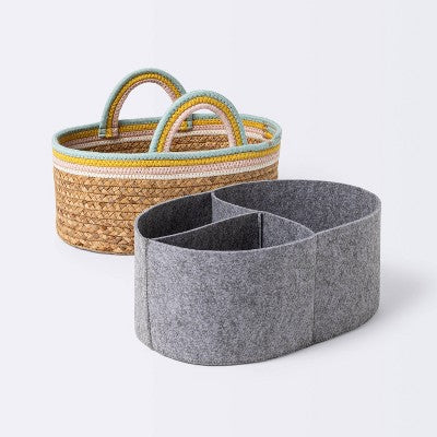 Braided Water Hyacinth Diaper Caddy with Coiled Rope Handles - Pink - Cloud Island