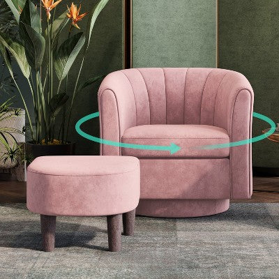 LINSY HOME Swivel Accent Chair Ottoman Set, Velvet Small Barrel Chair with Foot Rest Blue 27.4'' x 25.6'' x 26'' (LOCAL PICKUP ONLY)