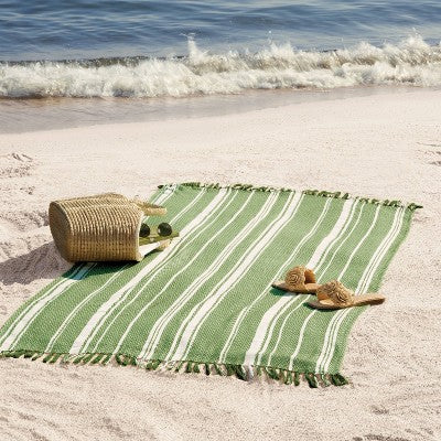 40"x72" Peshtemal Premium Lightweight Striped Oversized Beach Towel with Knotted Fringe Green - Threshold