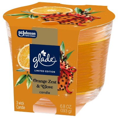 Glade 3 Wick Holiday Scented Christmas Candle for Stocking Stuffers - Orange Zest & Clove - 6.8oz