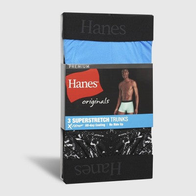 Hanes Originals Premium Men's Super Stretch Trunks 3pk - Blue/Black L: Tagless, Moisture Wicking, Quick Dry