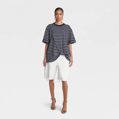 KBB by KAHLANA Women's 'The Asymmetric Hem - Navy Blue Striped S