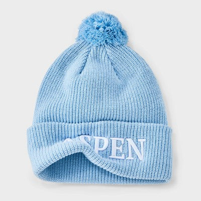 Embroidered Pom Beanie - Wild Fable Blue: Knit Ribbed Cuff, Midweight, Pull-On Style