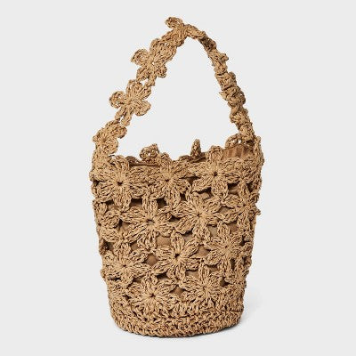 Straw Mini Floral Bucket Bag - A New Day Beige: Woven Paper Straw, Magnetic Closure, Structured Design