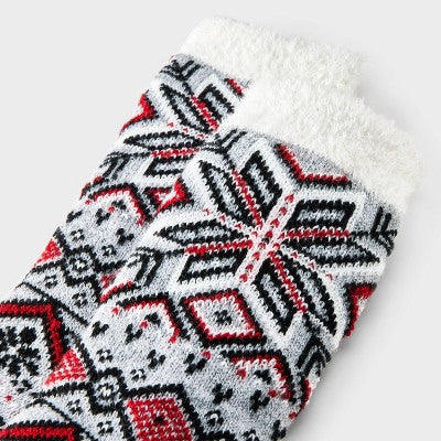 Women's Snowflake Geo Double Lined Cozy Crew Socks - Auden Light Heather Gray/Red/Black 4-10