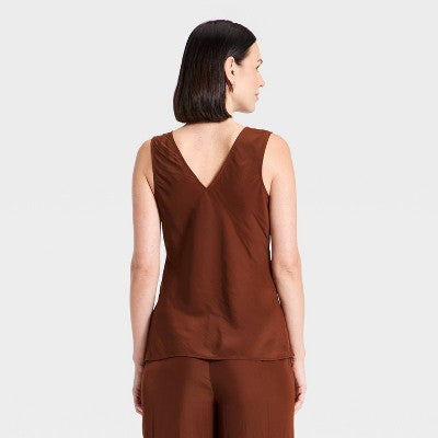 Women's Satin V-Neck Tank Top - A New Day Brown XS