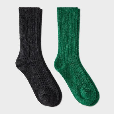 Women's Luxury Collection Cashmere Blend Fine Rib Super Soft 2pk Crew Socks - Auden Green/Black 4-10