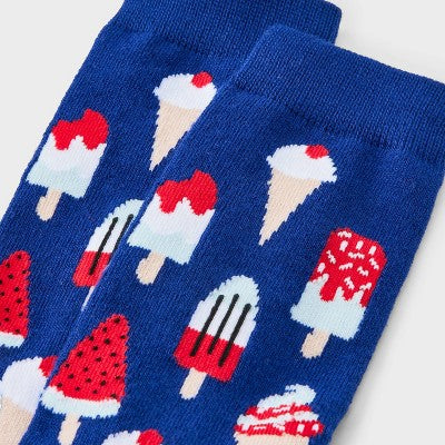 Women's "Free Meltdowns" Popsicles Crew Socks - Blue 4-10: Recycled Polyester, Ice Cream Pattern, Knit Fabric