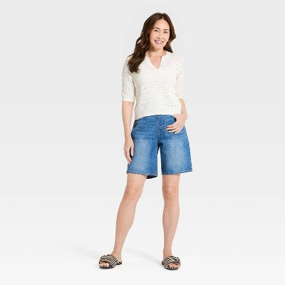 Women's Short Sleeve Button-Up Crewneck Pullover Sweater M