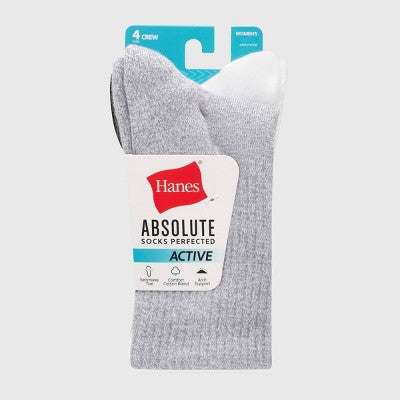 Hanes Women's Absolute Active 4pk Crew Socks - White/Gray 5-9: Cotton Blend, Arch Support, Cushioned Sole, Seamless Toe