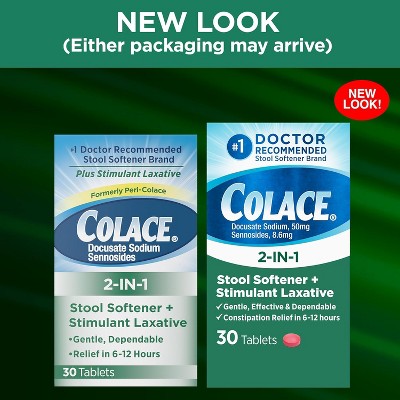 Colace 2-in-1 Stool Softener and Stimulant Laxative Tablets for Gentle Constipation Relief, Docusate and Senna, 30 Count