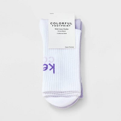 Women's "Keep Calm" Cushioned Ribbed 2pk Mid Crew Socks - White/Purple 4-10