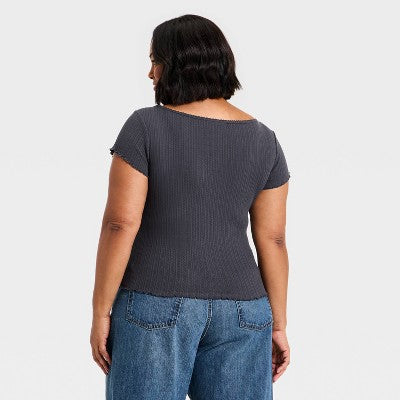 Women's Slim Fit Short Sleeve Pointelle Sweetheart Neck T-Shirt X