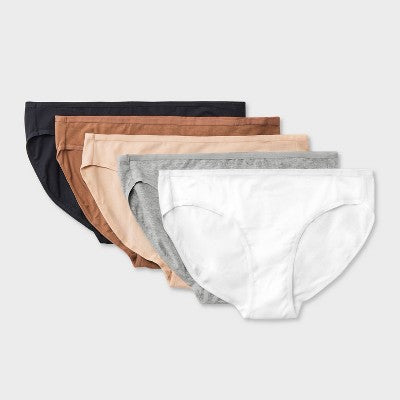 Women's 5pk Bikini Underwear - Dealworthy Assorted Neutral L: Mid Rise, Solid Pattern