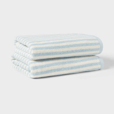 2pk Coastal Oversized Bath Towel Blue Striped - Threshold
