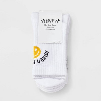 Women's "Mixed Emotions" Smiley Face Cushioned Ribbed 2pk Mid Crew Socks - White/Black/Yellow 4-10