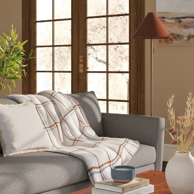 Grid Printed Plush Throw Blanket with Faux Shearling Reverse Ivory - Threshold