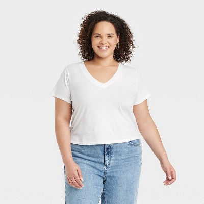 Women's Shrunken Short Sleeve V-Neck T-Shirt Thread White XXL