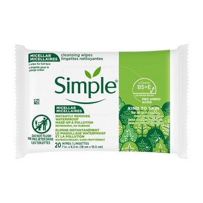 Simple Micellar Cleansing Wipes - 20ct: Paraben-Free, Dye-Free, Phthalate-Free, Artificial Fragrance-Free
