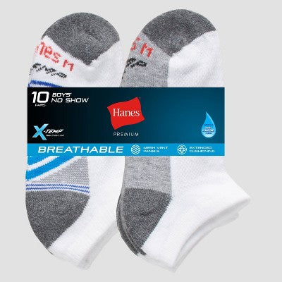 Hanes Boys' 10pk Premium No Show Socks - White L: Cushioned Heel, Ventilating Mesh, Moisture Wicking
