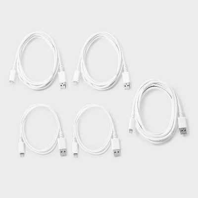Lightning to USB-A Charging Cables (3'/3'/6'/6'/10') 5pk - dealworthy White