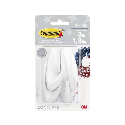 Command 4pk Damage-Free Hanging Medium Designer Hooks with 6 Adhesive Strips White