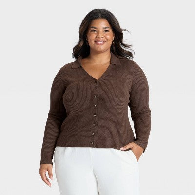 Women's Ribbed Cardigan Sweater - A New Day Brown 2X