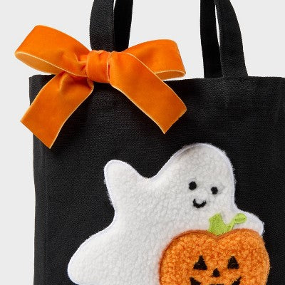 Small Halloween Ghost and Pumpkin Applique Canvas Tote Gift Bag with Bow Black/Orange/White - Spritz