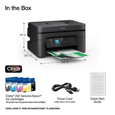 Epson WorkForce WF-2930 Wireless All-in-One Color Inkjet Printer, Copier, Scanner - Black: Smartphone App, USB, Automatic 2-Sided Printing