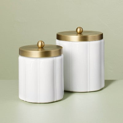 Large Milk Glass Bath Canister with Metal Lid Brass Finish - Hearth & Hand with Magnolia: Farmhouse Style Storage Container for Bathroom