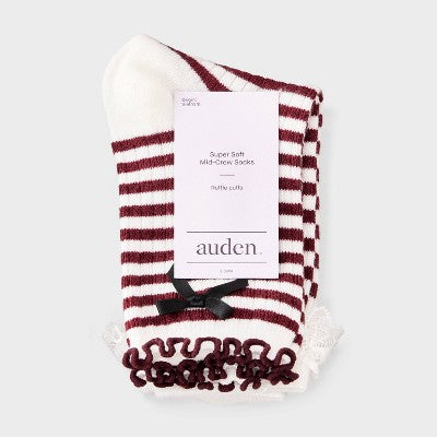 Women's Striped Waffle Knit 2pk Crew Socks with Bow Applique - Auden Berry/Ivory/Black 4-10