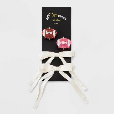 Girls' 4pk Football and Satin Bow Claw Clip Set - art class