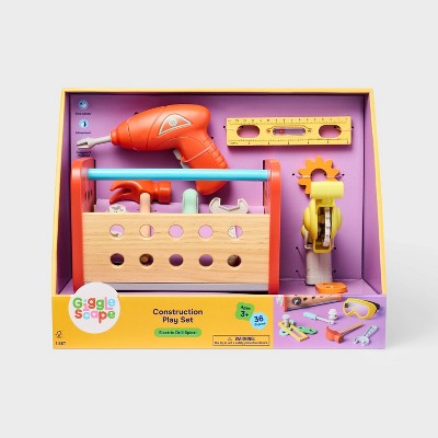 Construction Play Set - Gigglescape: Toy Tools, Plastic & Wood, 35 Pieces, Ages 3+, Pretend Workbench Accessories