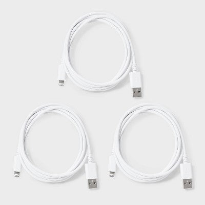 6' Lightning to USB-A Charging Cables 3pk - dealworthy White: Male-to-Male Connector