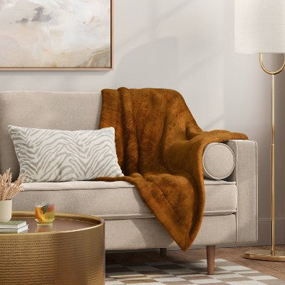 Solid Plush Throw with Faux Shearling Reverse Dark Tan - Threshold
