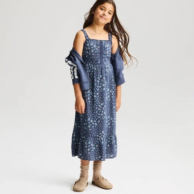 Girls' Lace Trim Floral Printed Maxi Dress Cat & Jack Blue L Plus