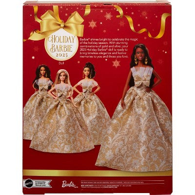 Barbie Signature 2025 Holiday Barbie Fashion Doll, Black Hair Silver & Gold Gown