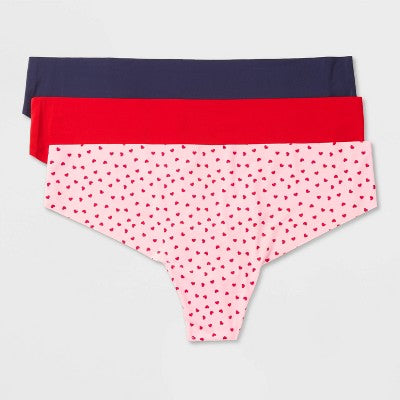Women's Invisible Edge Thong 3pk - Wild Fable Navy/Pink Hearts/Red XXL