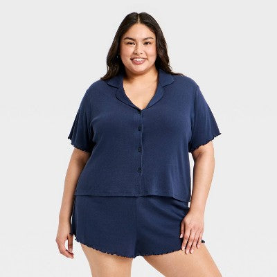 Women's Notch Collar Shirt & Shorts Pajama Set Wild Fable Blue 1X
