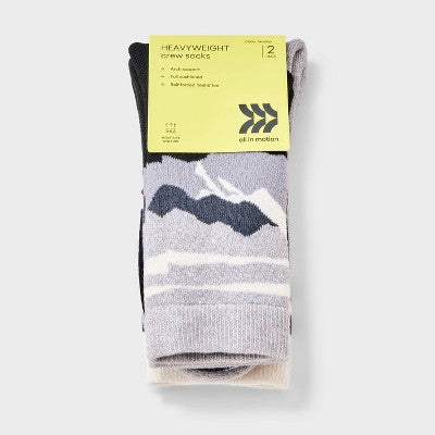 Boys' 2pk Mountain Print Outdoor Crew Socks - All In Motion Gray L