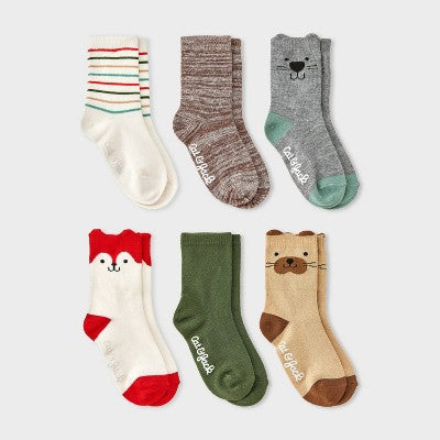 Toddler 6pk Critter Crew Socks - Cat & Jack Cream 4T-5T