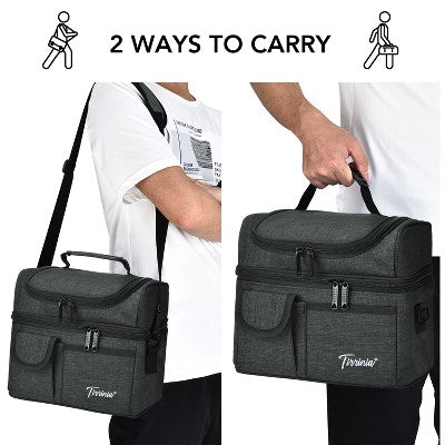 Tirrinia Large Lunch Tote Bag for Men Women Insulated Dual Compartment Leakproof Lunch Box Reusable Thermal Lunch Cooler Tote with Front Pocket