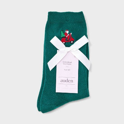Women's Supersoft Embroidered Holiday Santa Crew Socks - Auden Dark Green 4-10