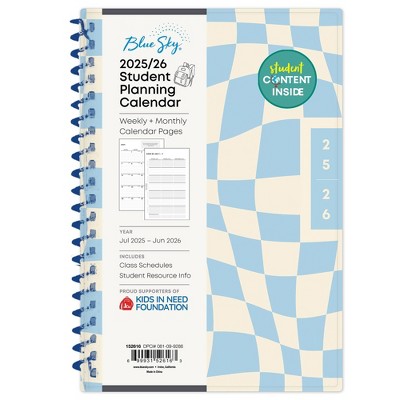 Blue Sky Weekly/Monthly Spiral Planner 5"x8" Printed Dylan Blue Check Swirl