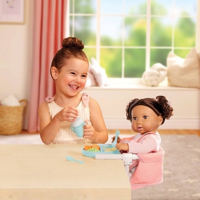LullaBaby Doll Clip-On Table Seat and Accessories Set: Fits 14" Doll, Includes Play Food, Baby Theme, 12 Pieces