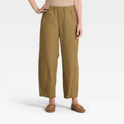Women's Mid-Rise Barrel Leg Pull-On Pants - Olive Green L