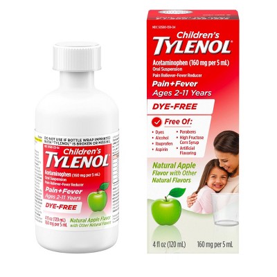 Tylenol Children's Pain + Fever Ages 2 - 11 Years - Apple Flavor Dye-Free Acetaminophen Liquid Suspension- 4 fl oz
