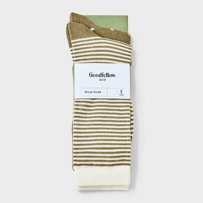 Men's 2pk Casual Crew Socks Goodfellow&Co Olive Green/Cream 6-12