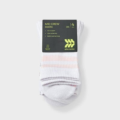 Women's Cushioned Striped Varsity 4pk Short Crew Socks - All In Motion White/Gray/Pink 4-10: Arch Support, Zone Cushioning